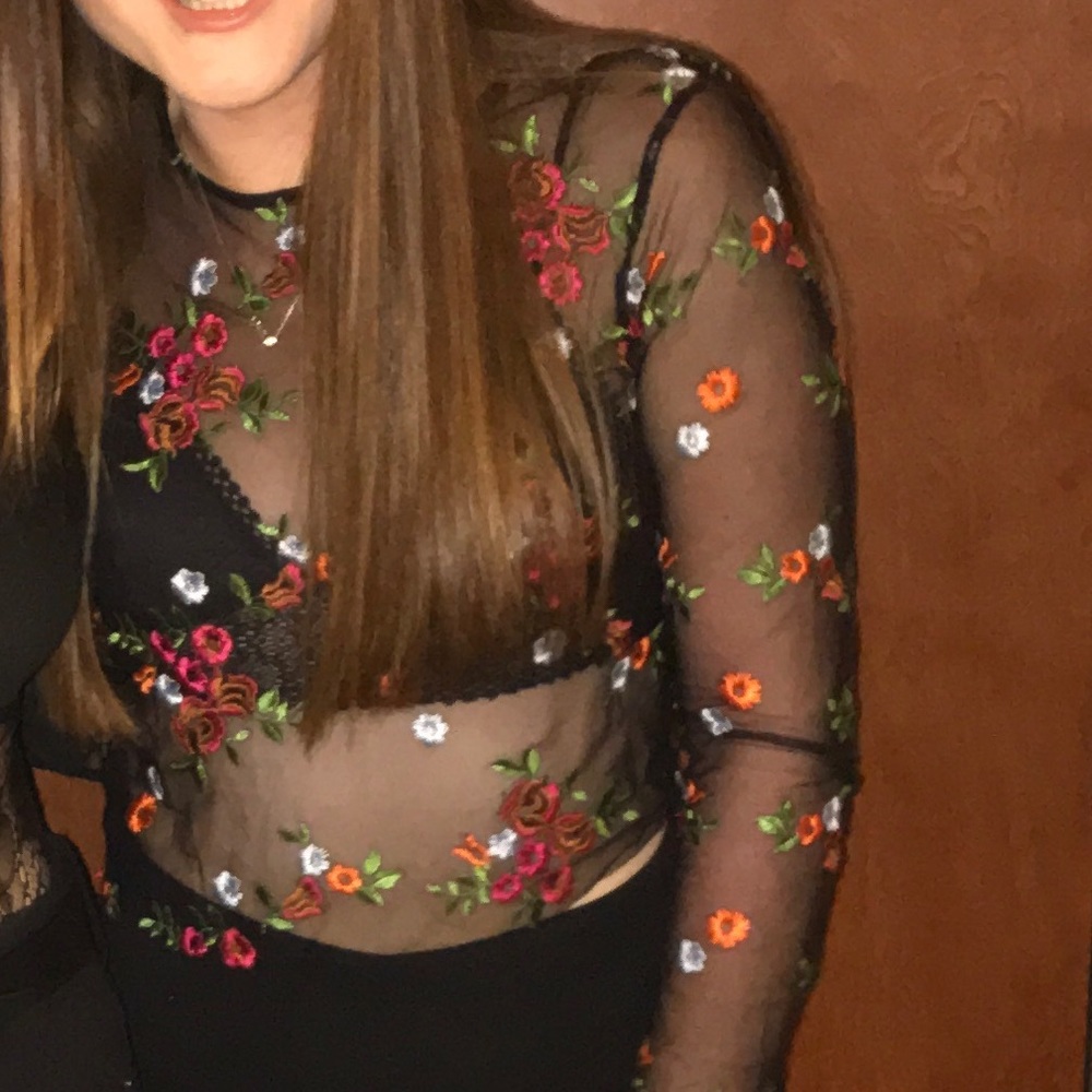 Mesh embroidered long sleeve top